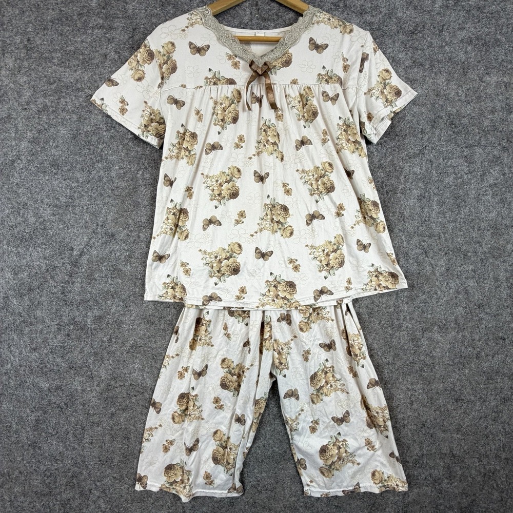 Vintage Womens Pajama Set Cream Floral Butterfly Cropped Loungewear Wide Leg